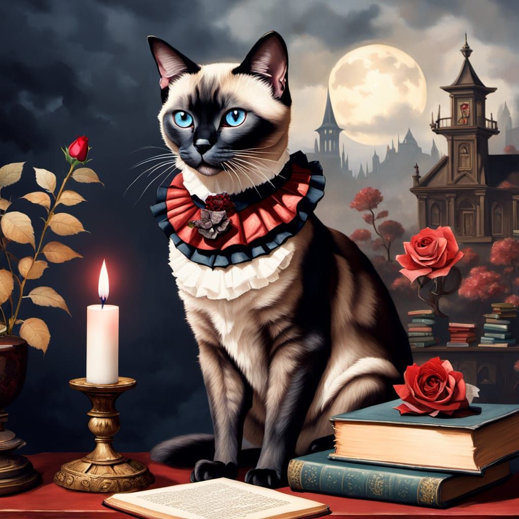 Victorian Vampire Siamese Cat on Antique Books