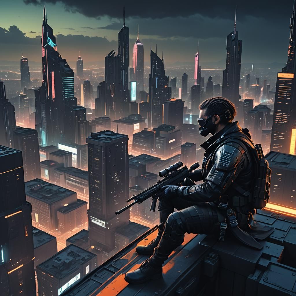 Cyberpunk Sniper on Skyscraper Rooftop