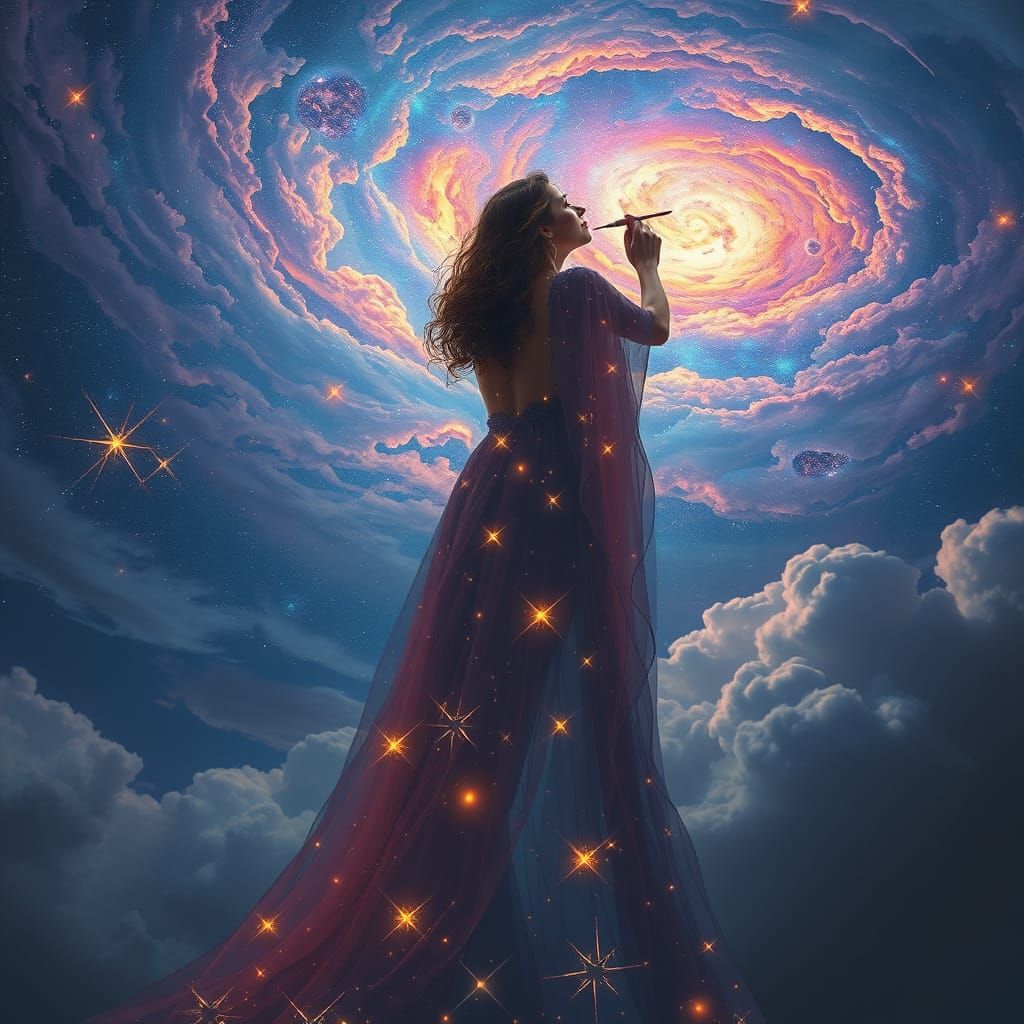 Goddess Paints the Galaxy in Hyperrealistic Style