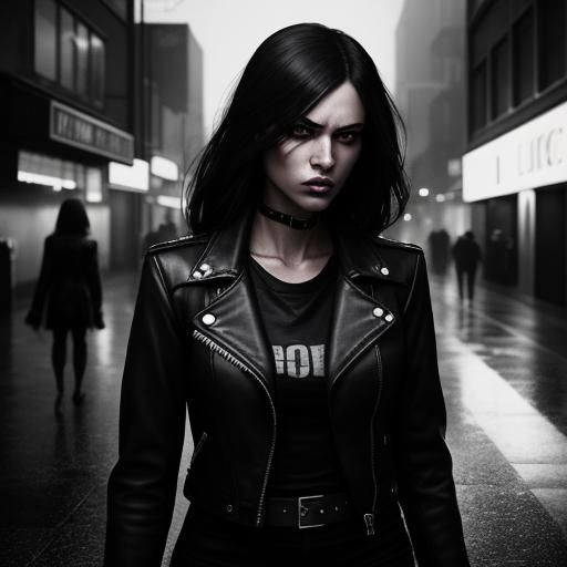 Edgy Woman in Leather Jacket on City Street