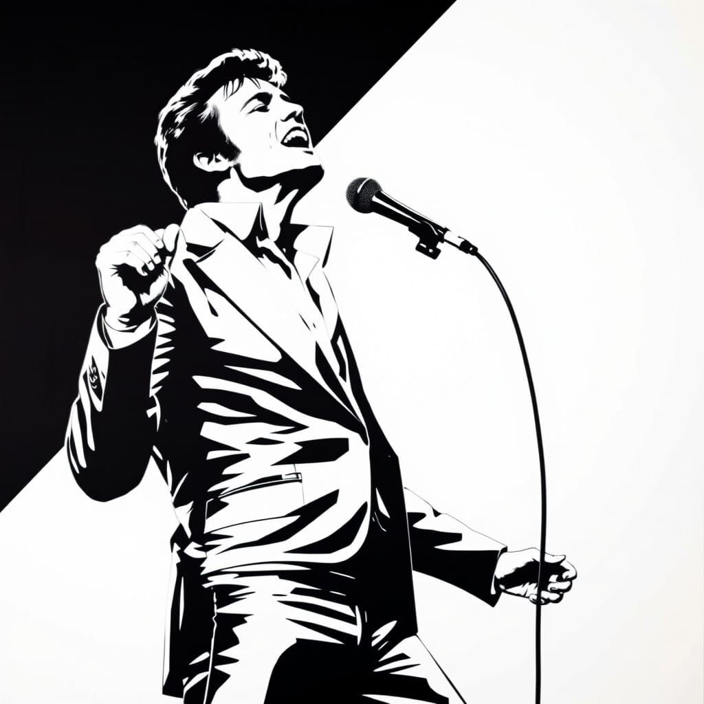 Elvis Presley Singing in Black and White Stencil Art