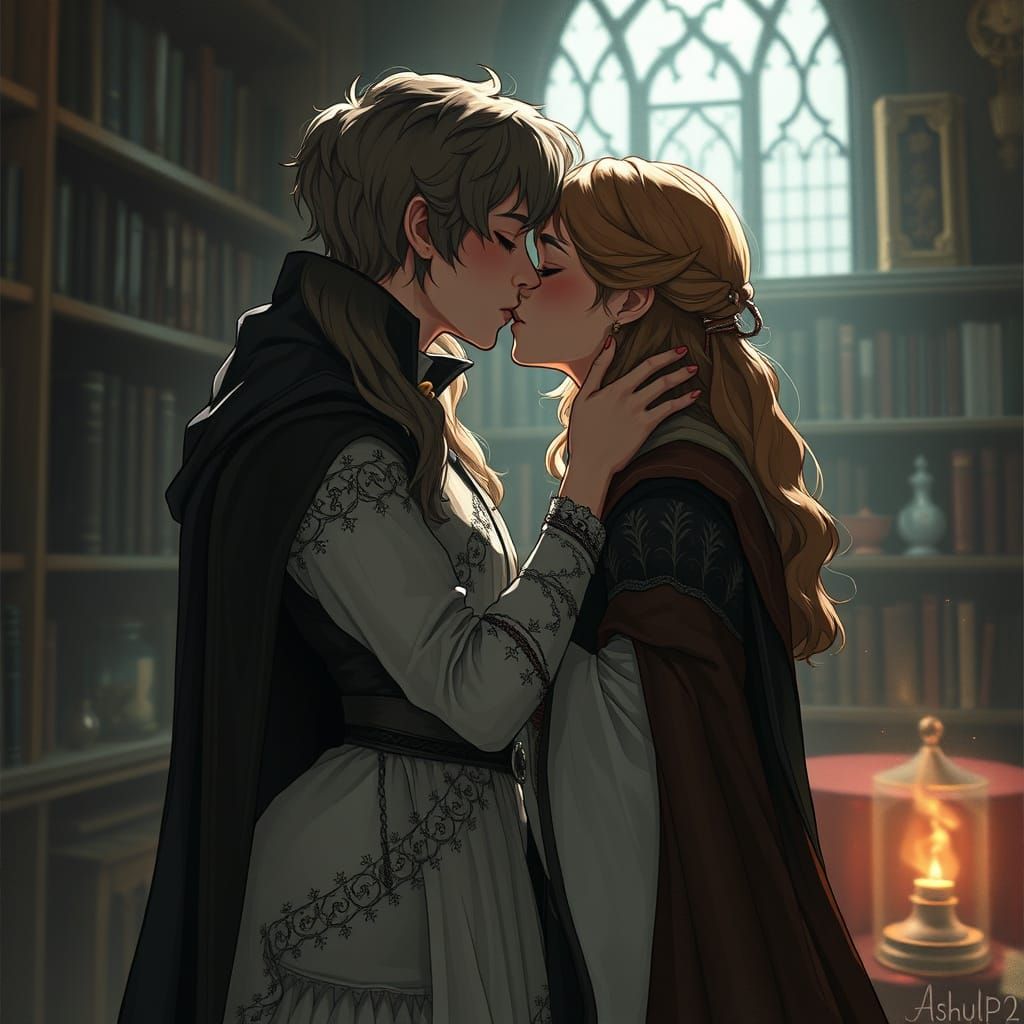 Passionate Kiss in Moody Lighting: A Digital Painting