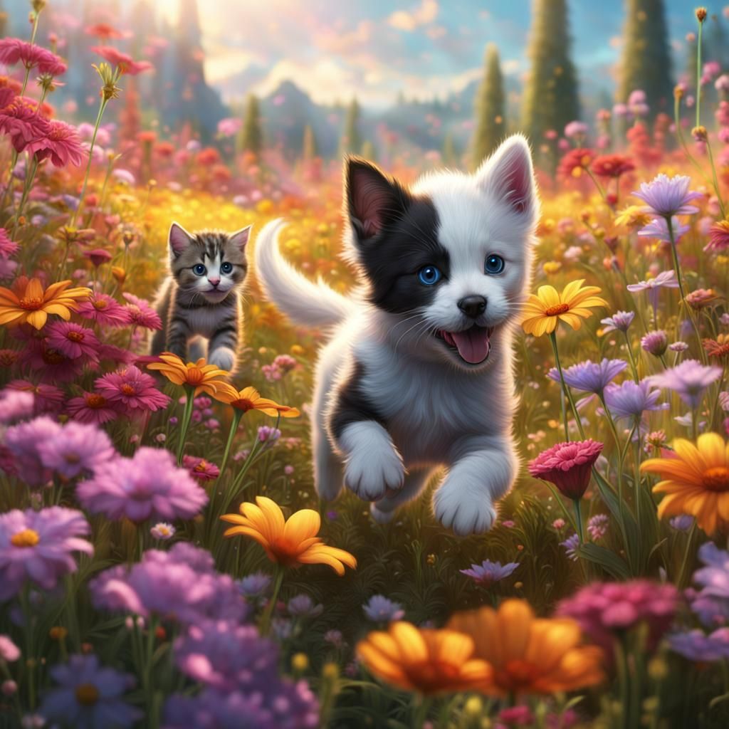 Puppy and Kitten Frolic in Flower Field