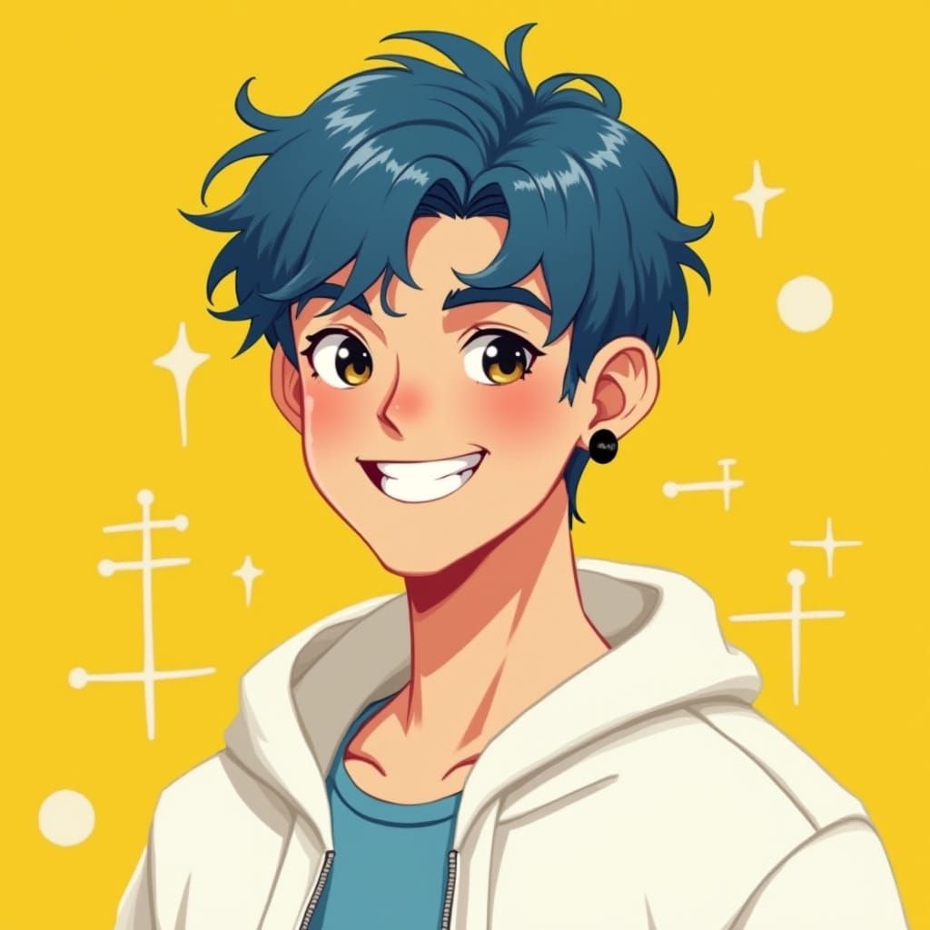 Stylized Cartoon of Young Man with Blue Hair