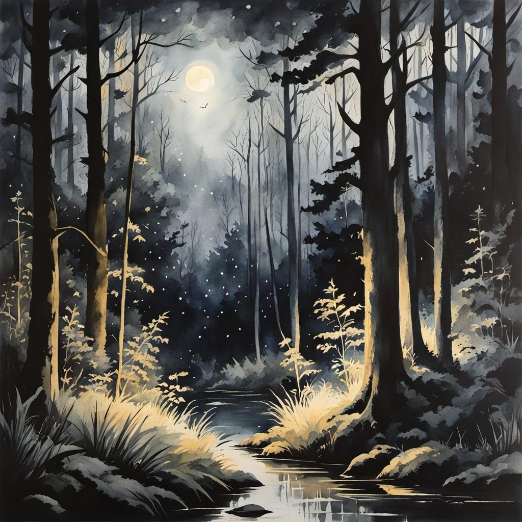 Sinister Forest at Night in Watercolor Style