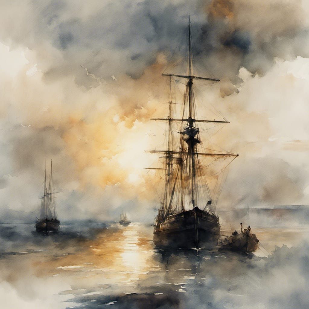 English Maritime Landscape in Watercolor Style