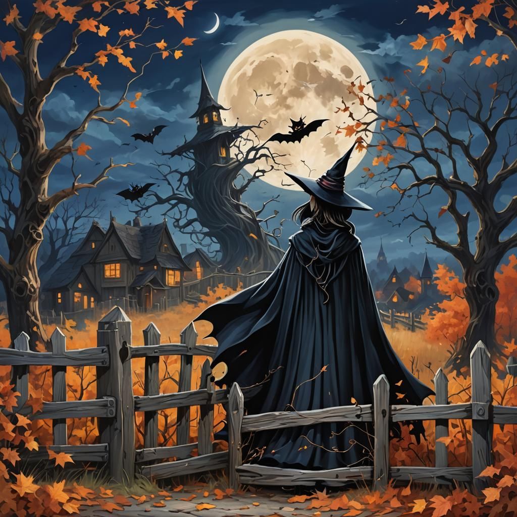 Enchanting Halloween Witch Under Moonlight, in Art Deco Styl...