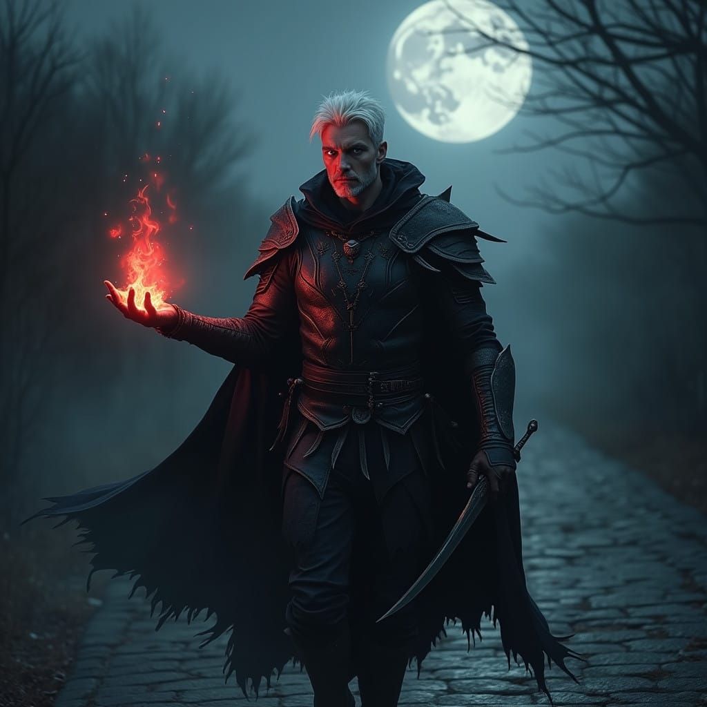 Mysterious Sorcerer Strolls Under a Threatening Moon