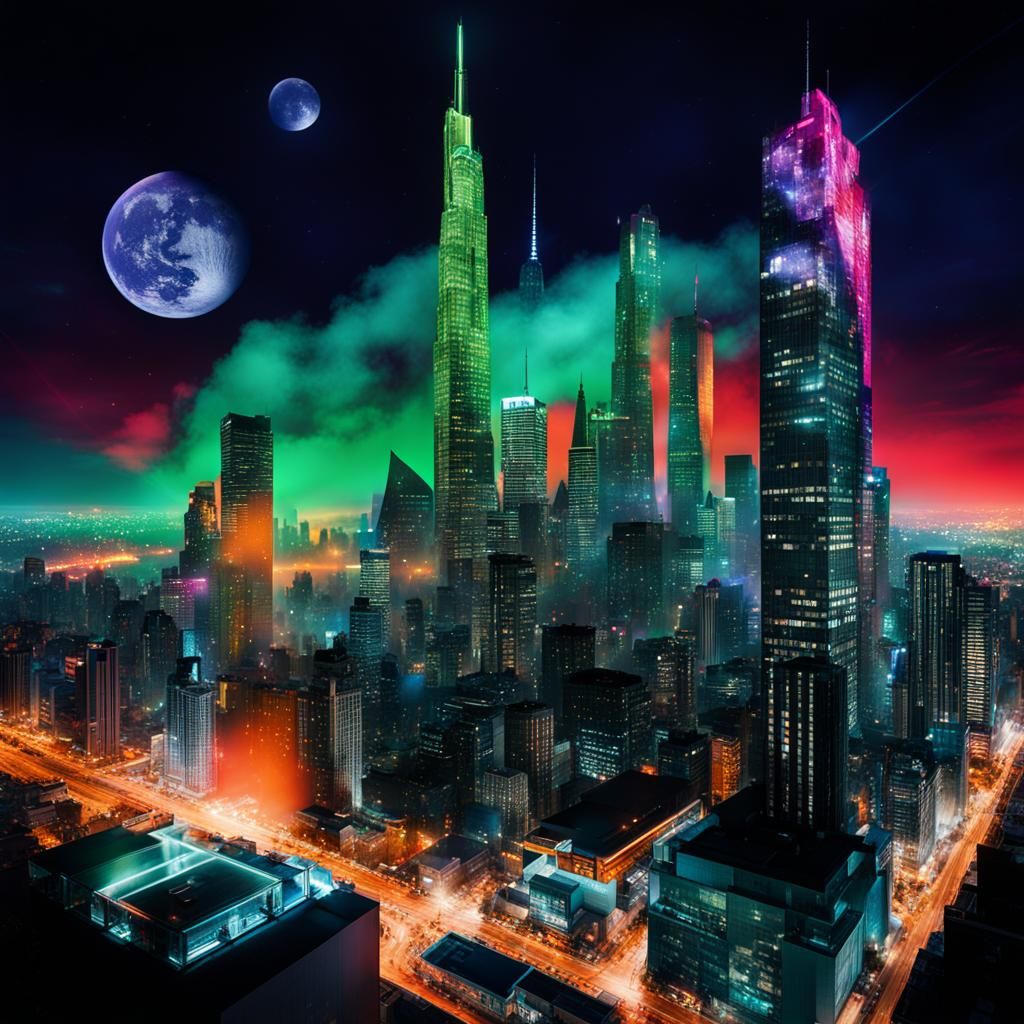 Gothic Nightclub Meets Neon Cityscape Double Exposure