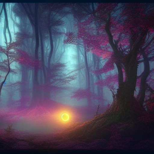 Psychedelic Dark Forest Faeries Under Starlit Moon