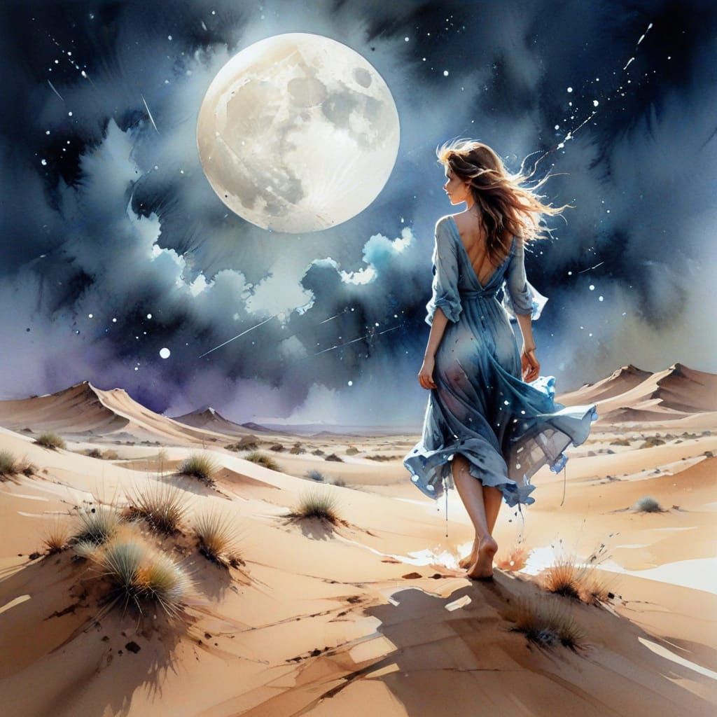 Ethereal Desert Dreamscape under Starry Skies and Full Moon