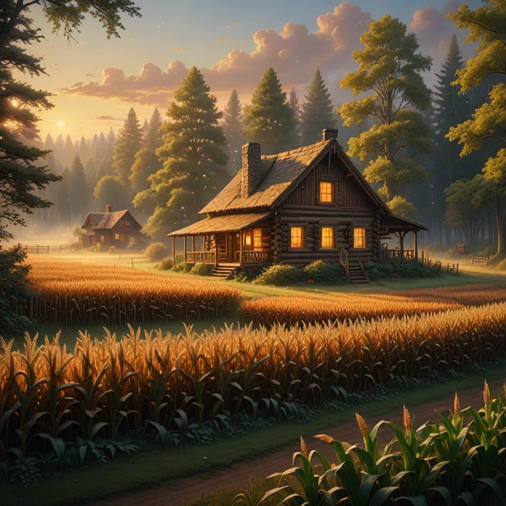 Log Cabin in a Whimsical Fantasy Forest