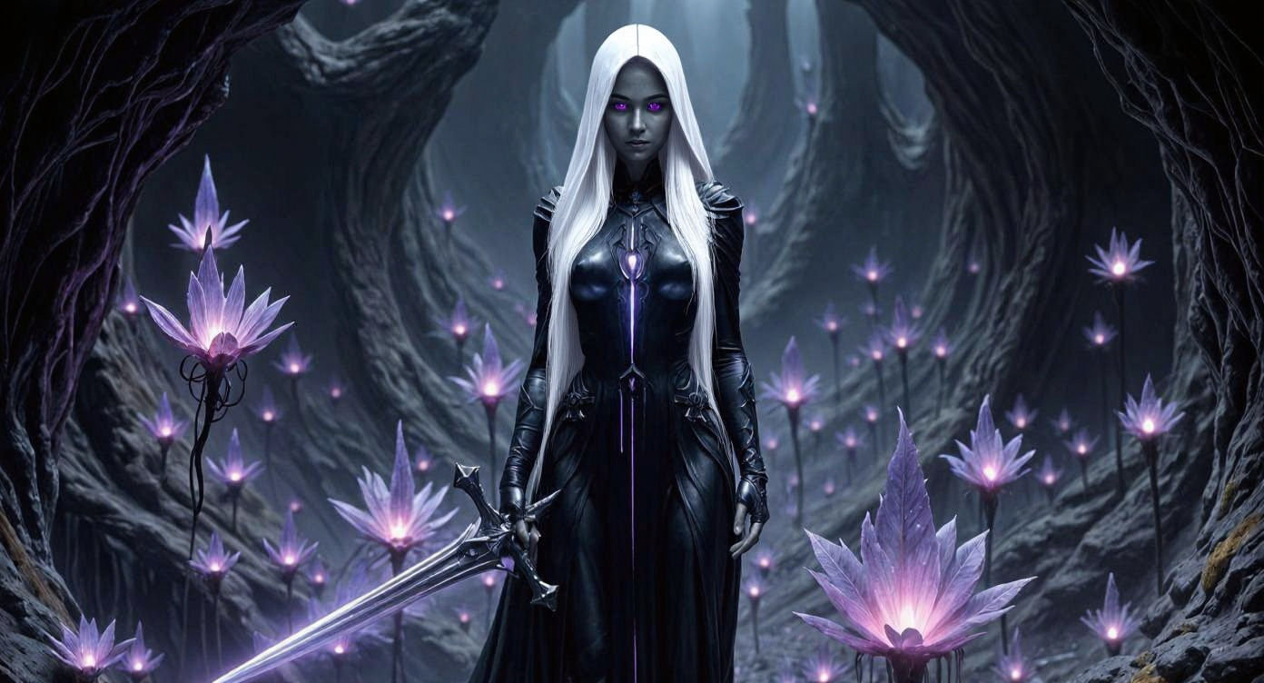 Dark Elf Warrior in Bioluminescent Cave, Fantasy Art