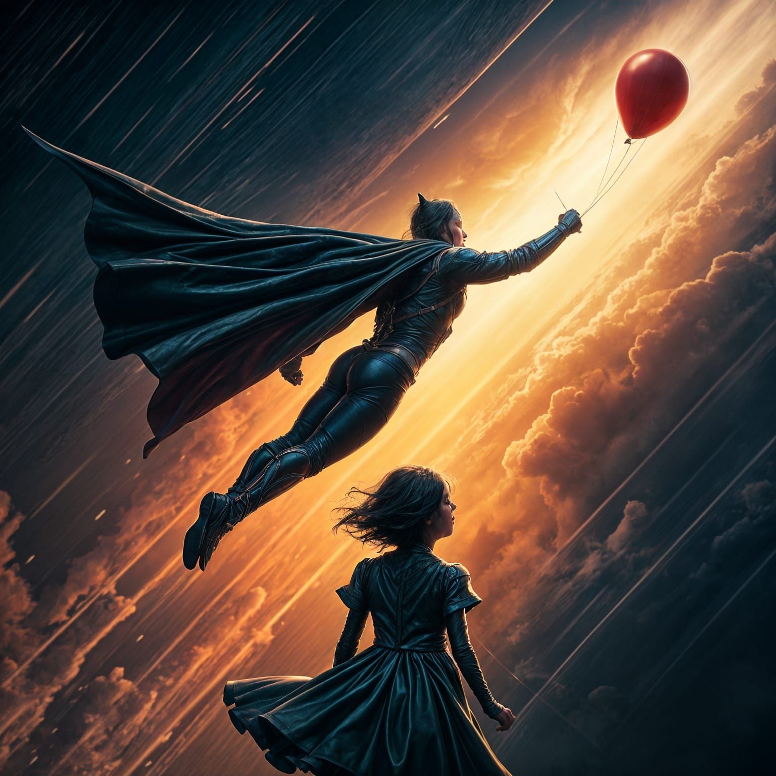 Superhero Sky Chase: Hyperrealistic Splash Art