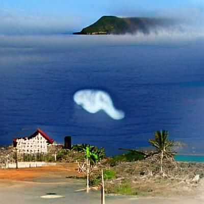 Eerie Tropical Island Under Ghostly Cloud