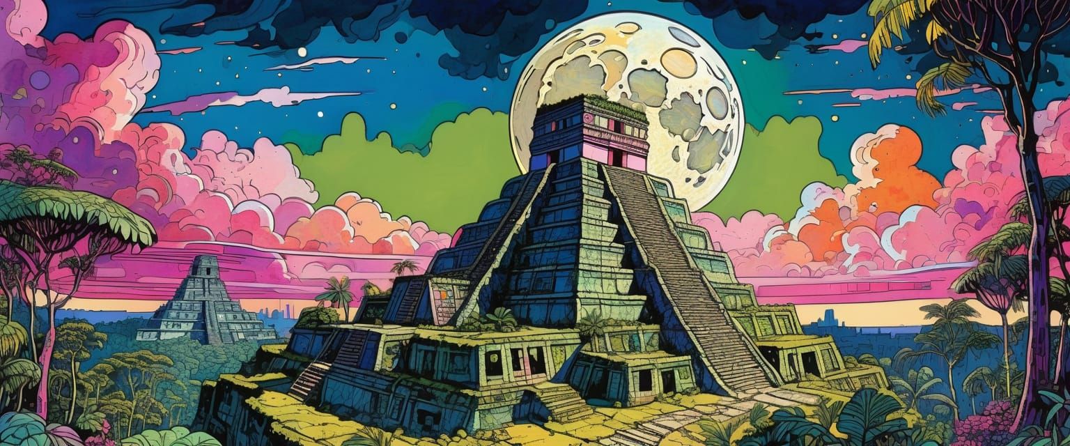 Moonlit Mayan City in Jungle, Comic Book Watercolor Style