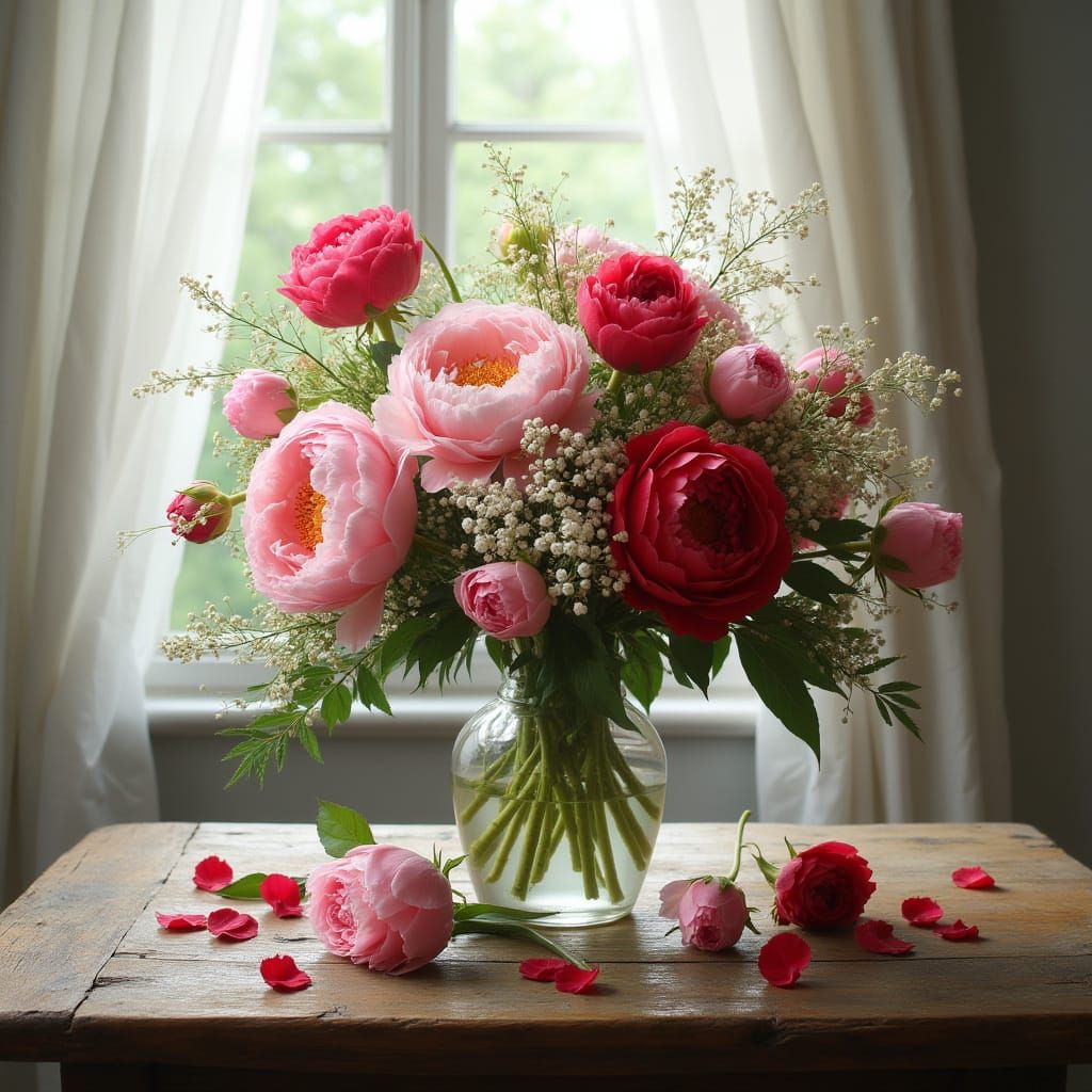 Realistic Flower Arrangement on Rustic Table with Window Lig...