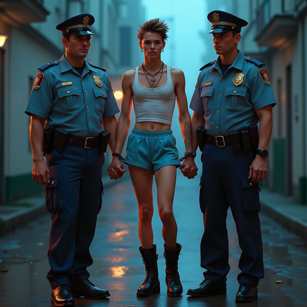 Androgynous Man Handcuffed by Police in Neon-Lit Futuristic...