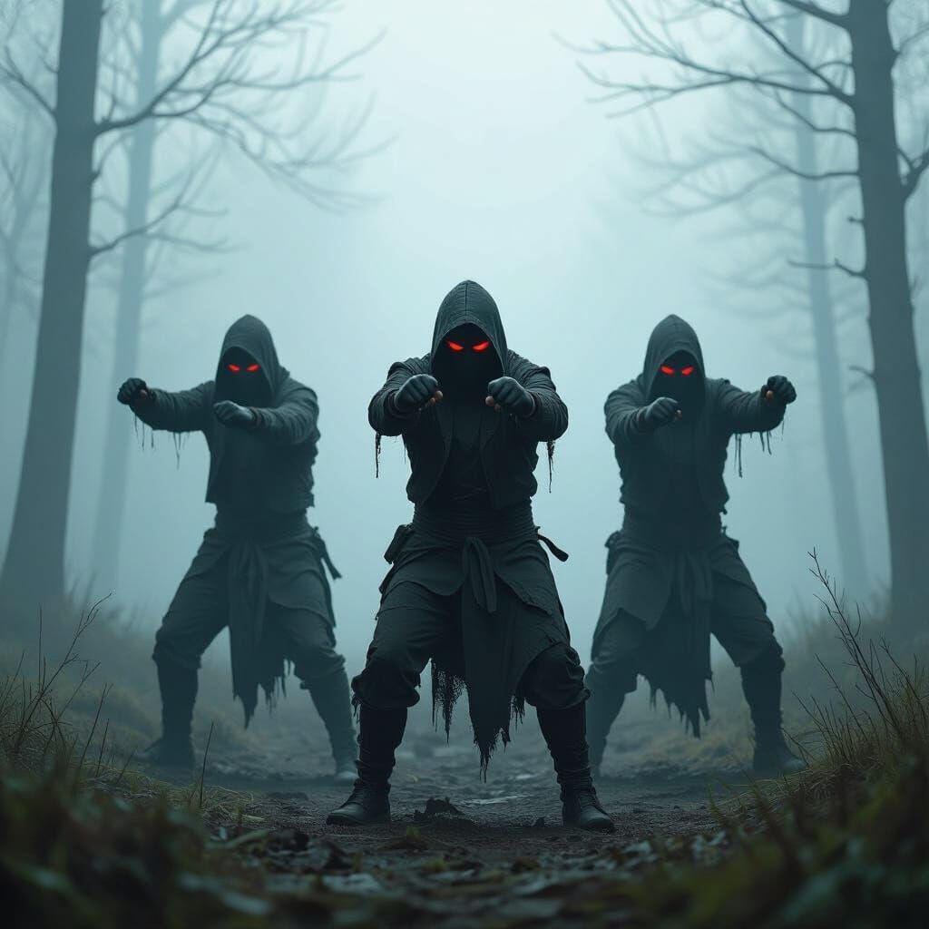 Masked Figures Punching in Misty Forest: Neon Noir