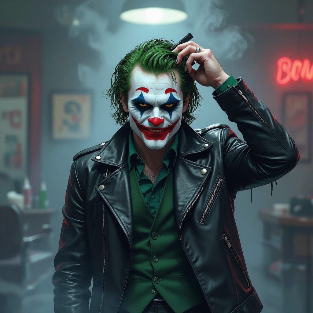 Joker's Menacing Barbershop Scene in Dark Art Style