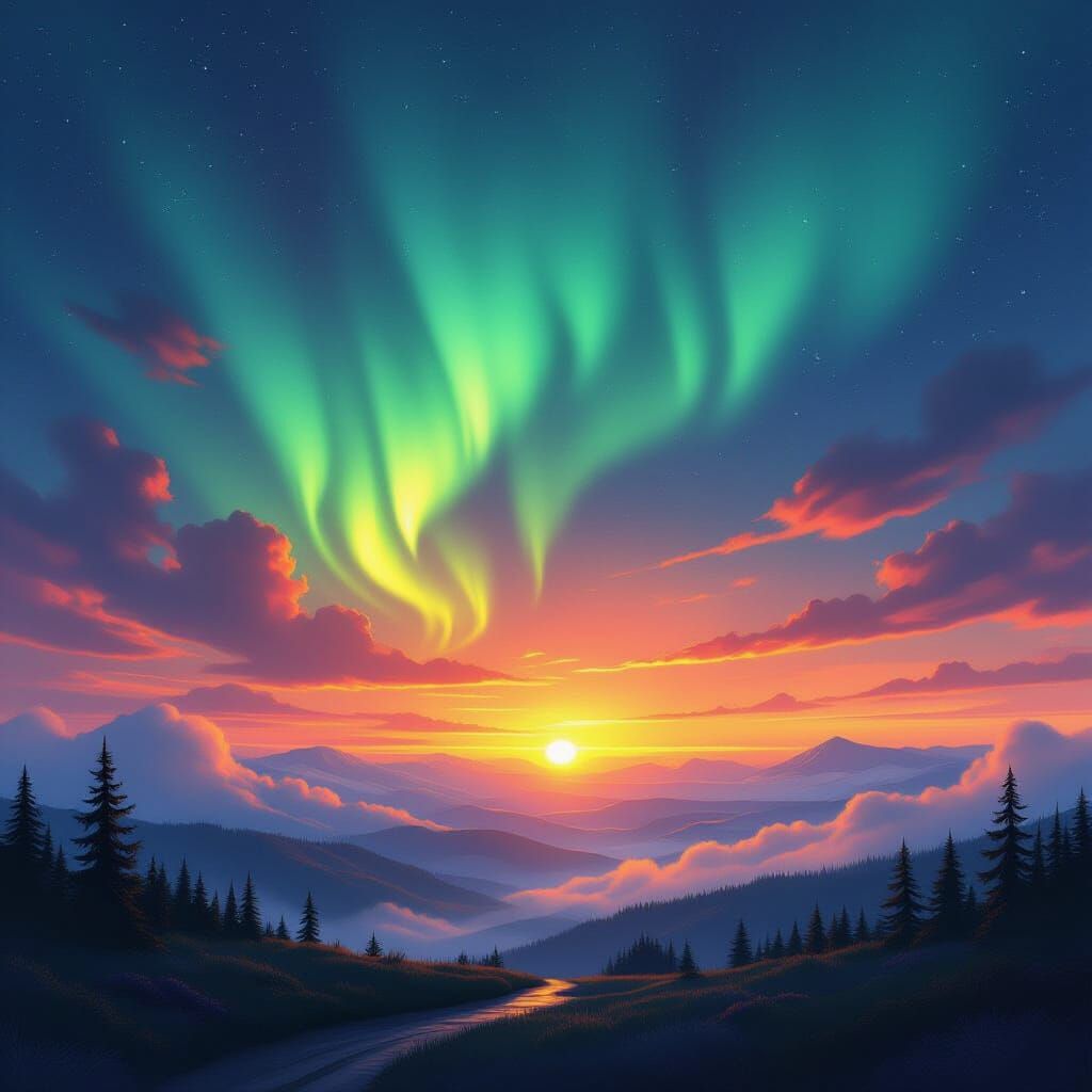 Northern Lights Dance Above Fiery Sunset