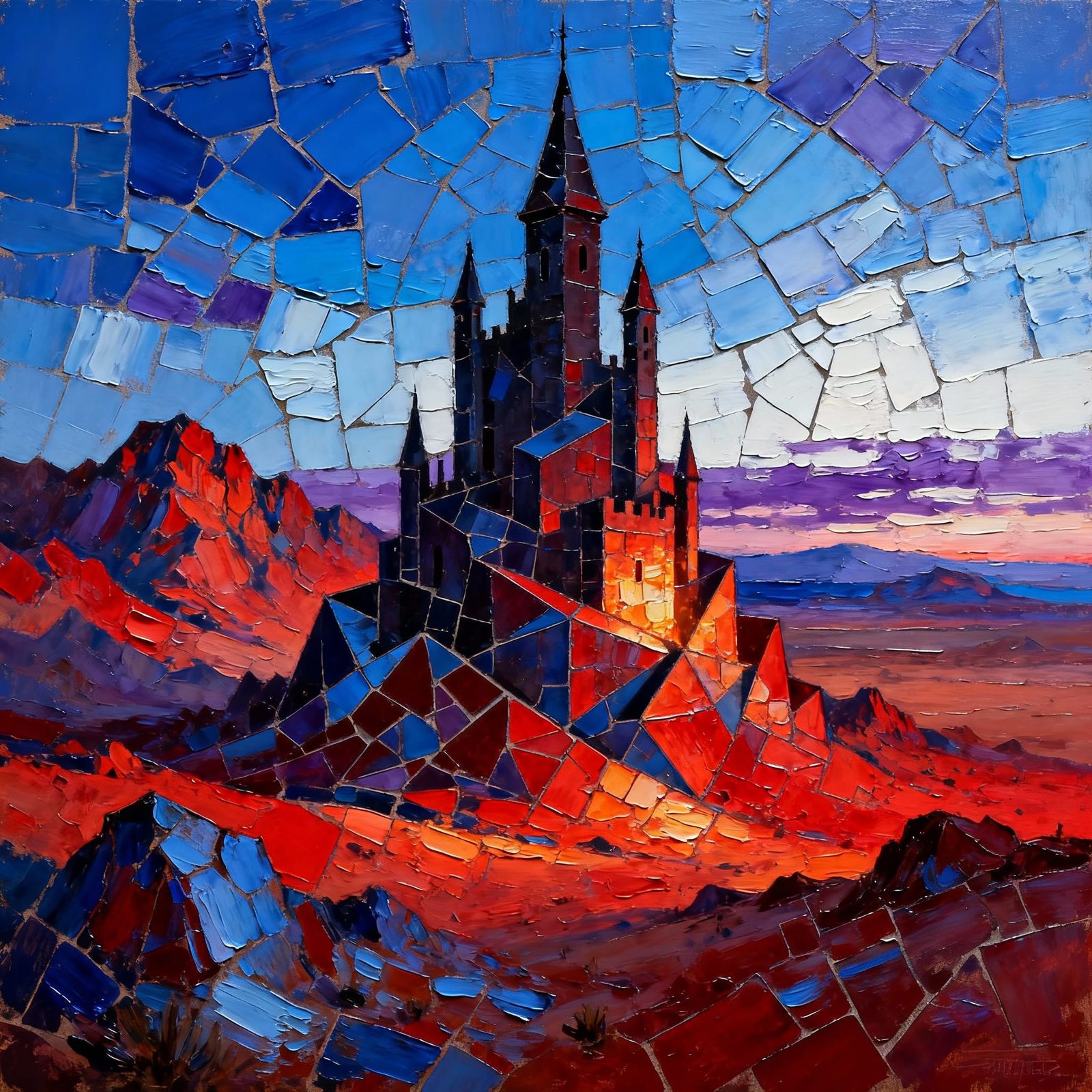Thick Paint Mosaic Desert Landscape with Escher Castle