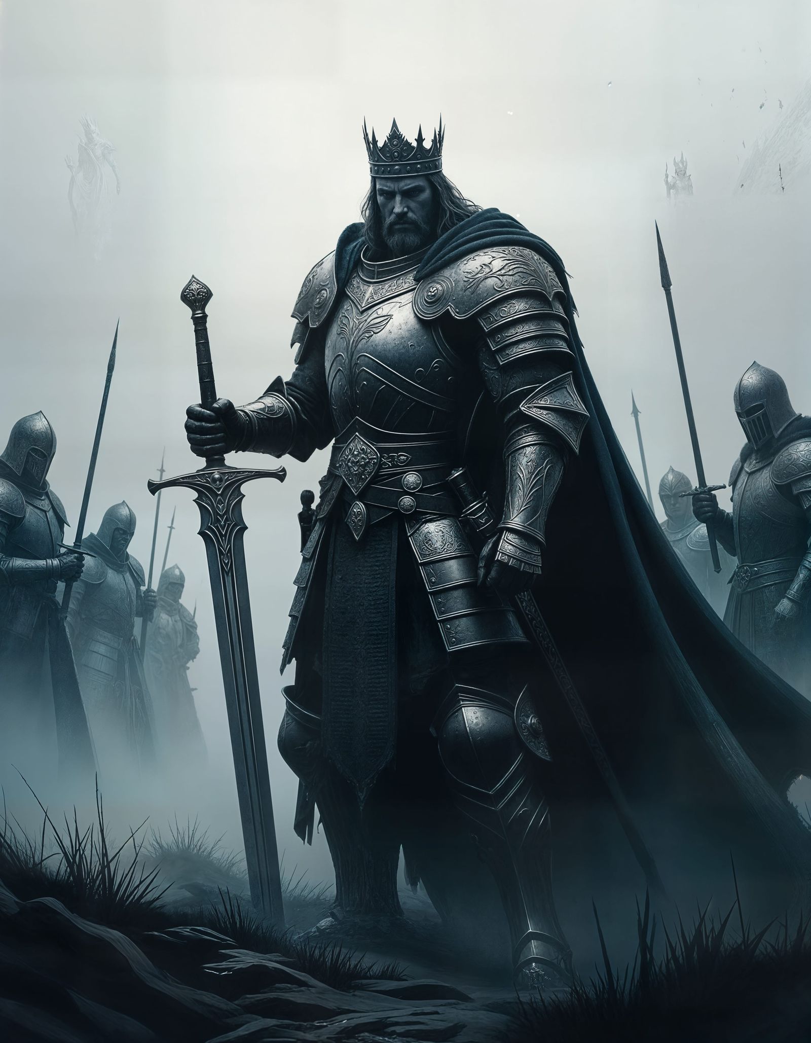 Regal King Arthur on Misty Battlefield, Dark Fantasy Art