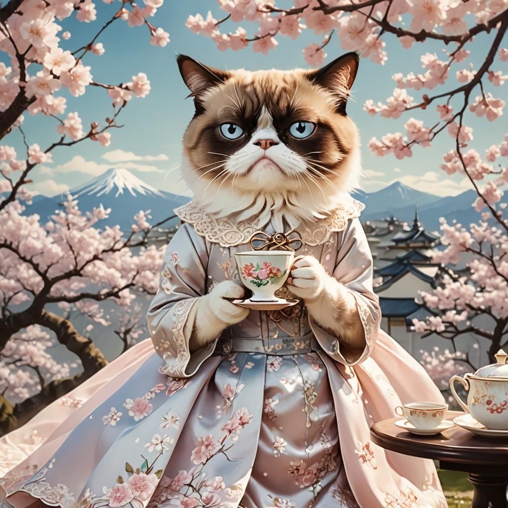Kawaii Grumpy Cat in Elegant Pastel Tea Party
