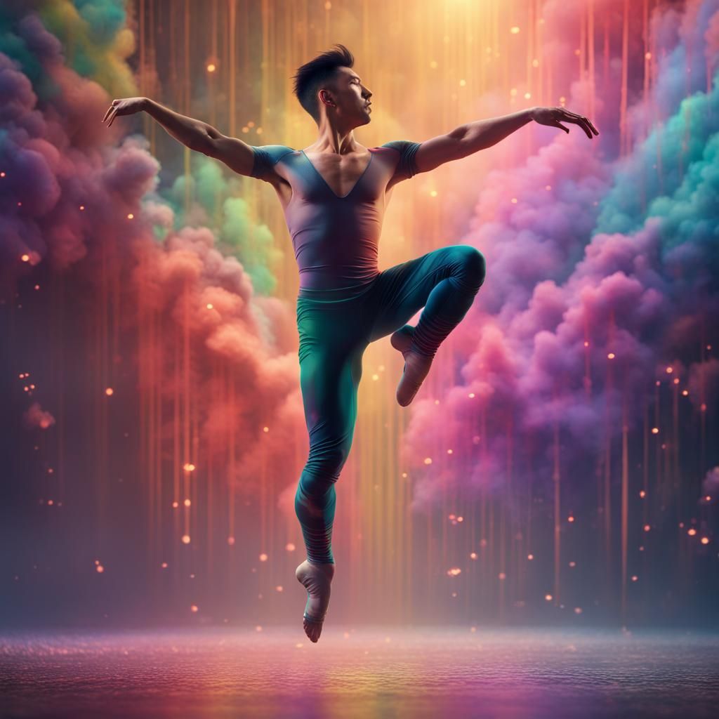 Asian Ballet Dancer Leaping Rainbow Stream: Fantasy Art