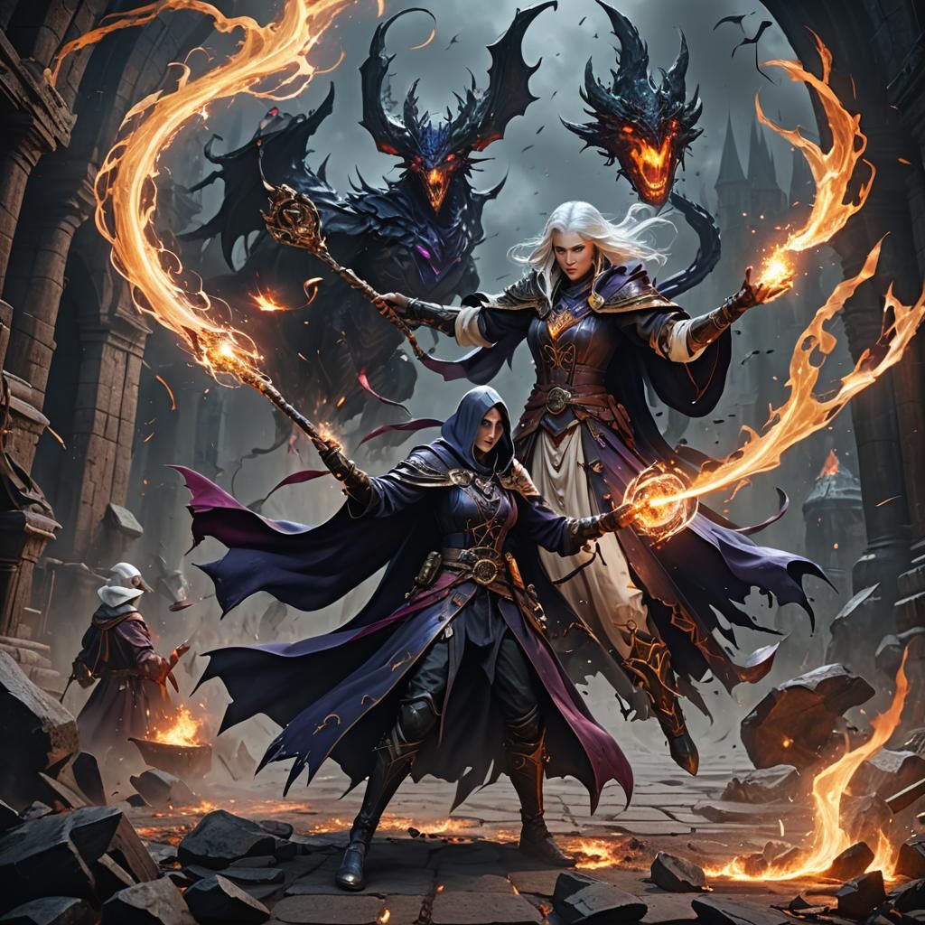 Epic Battle: Dark Mage vs White Wizard in Fantasy Art