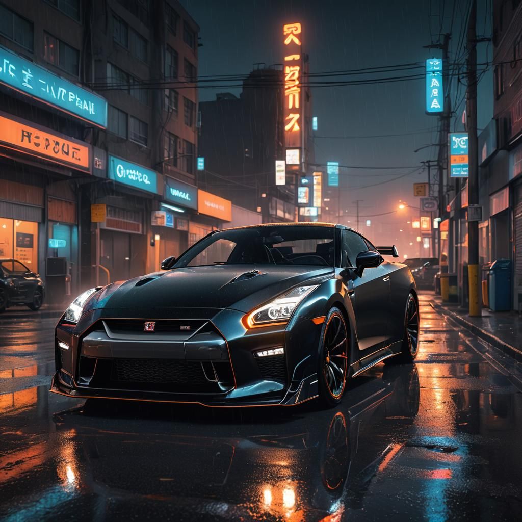 Black Nissan GTR in Neon Lit Parking Lot