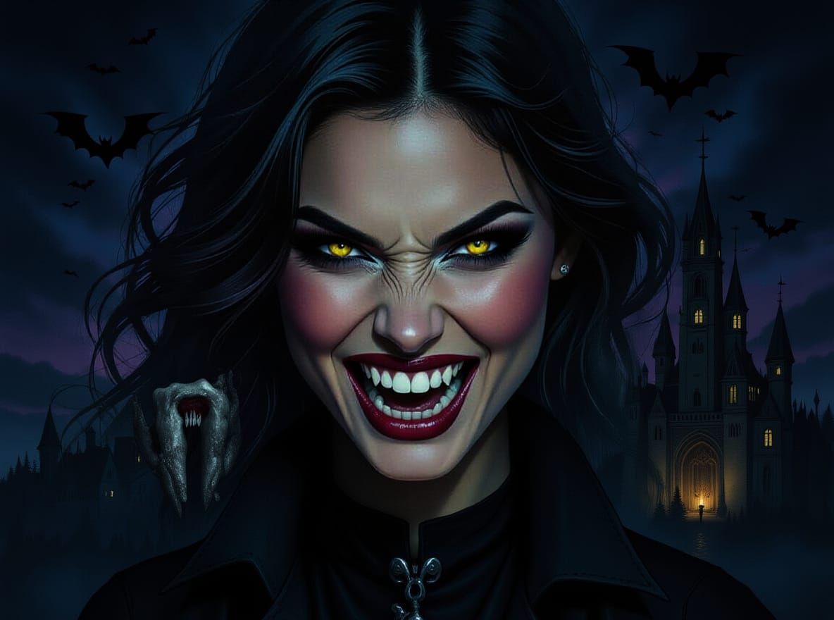 Vampire Double Exposure with Castle in Watercolor Style