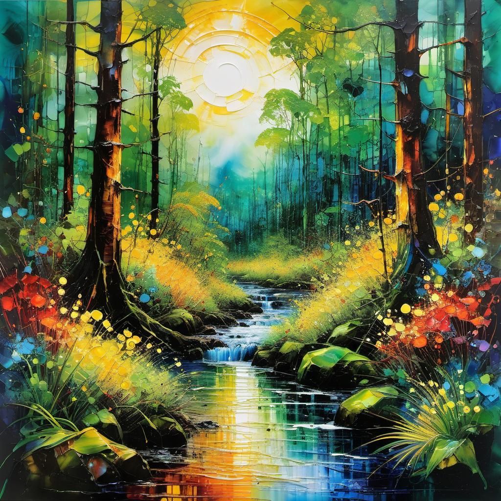 Rainforest Sunset: Encaustic Painting in Tachisme Style