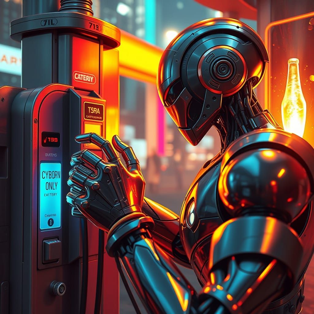 A Cyborg charges electricity by itself at Cyborg battery station in metropolis.