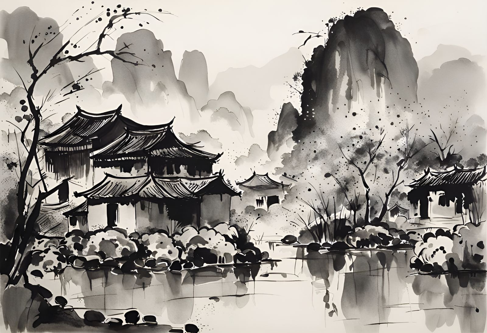 Ink Wash Landscape of Ninh Binh, Vietnam