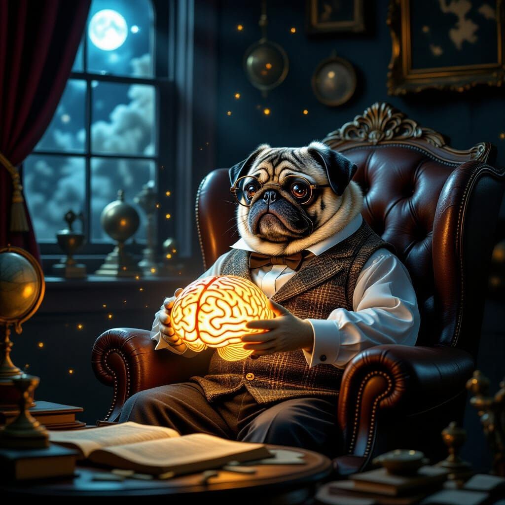 Victorian Pug Inspects Glowing Brain in Dreamlike Study