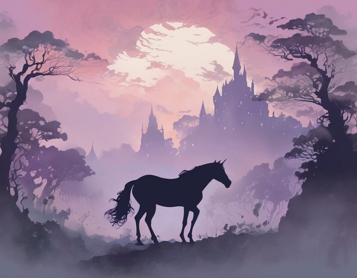 Unicorn Silhouette in Fog with Gradient Colors