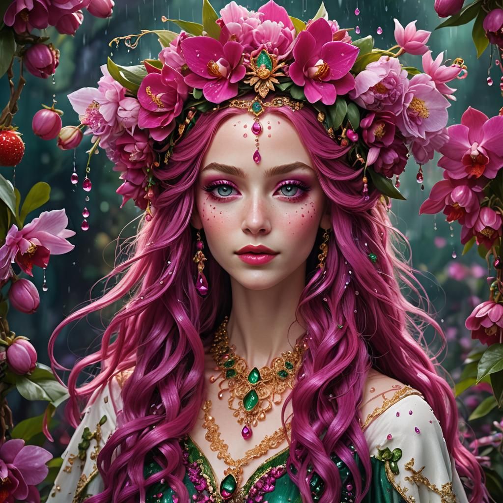 Elven Girl with Fuchsia Hair in Strawberry Field