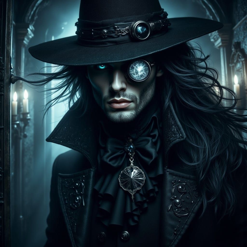 Shadowy Detective with Tentacle Reflections in Dark Fantasy