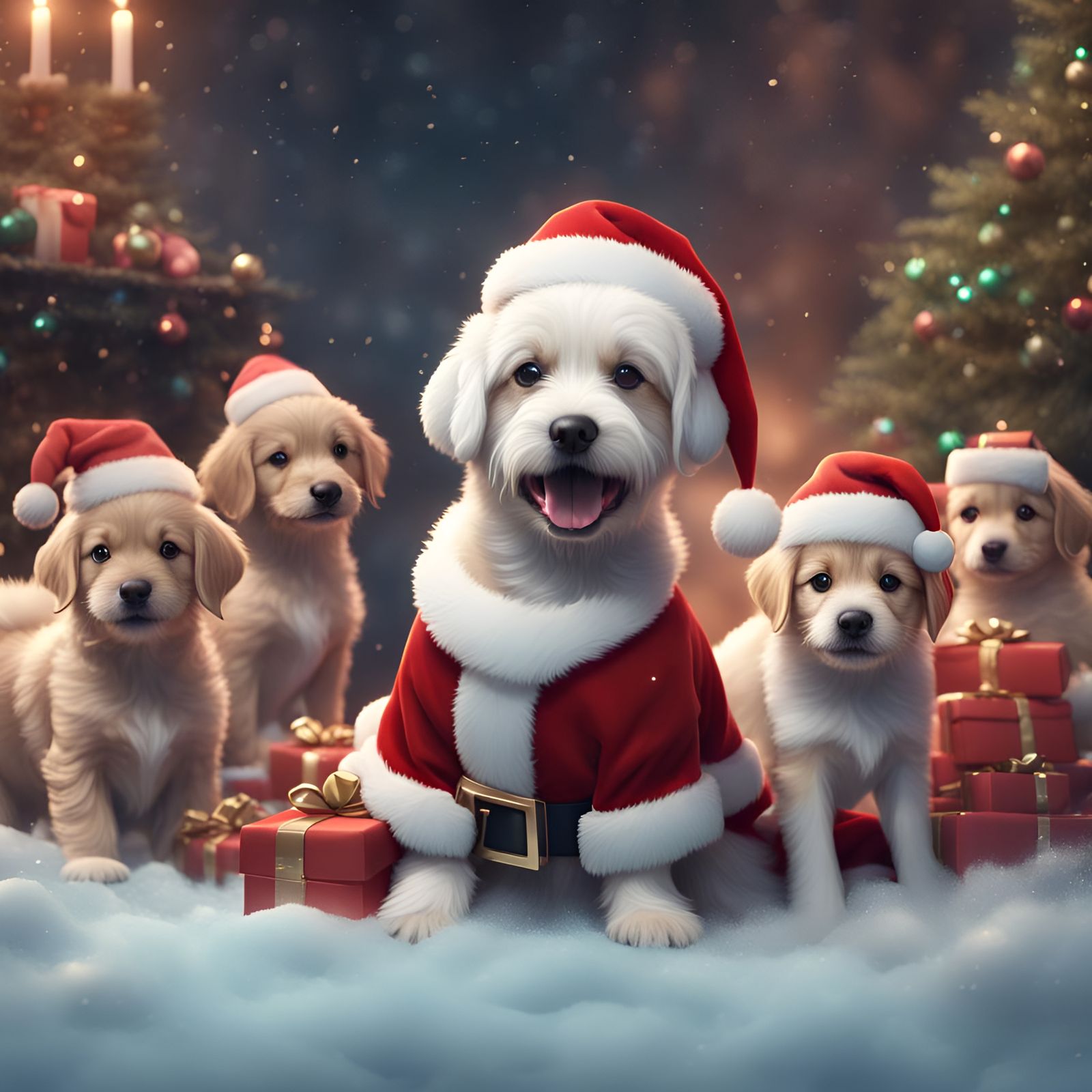 Santa Dog Awarding Puppies: Detailed Matte Painting