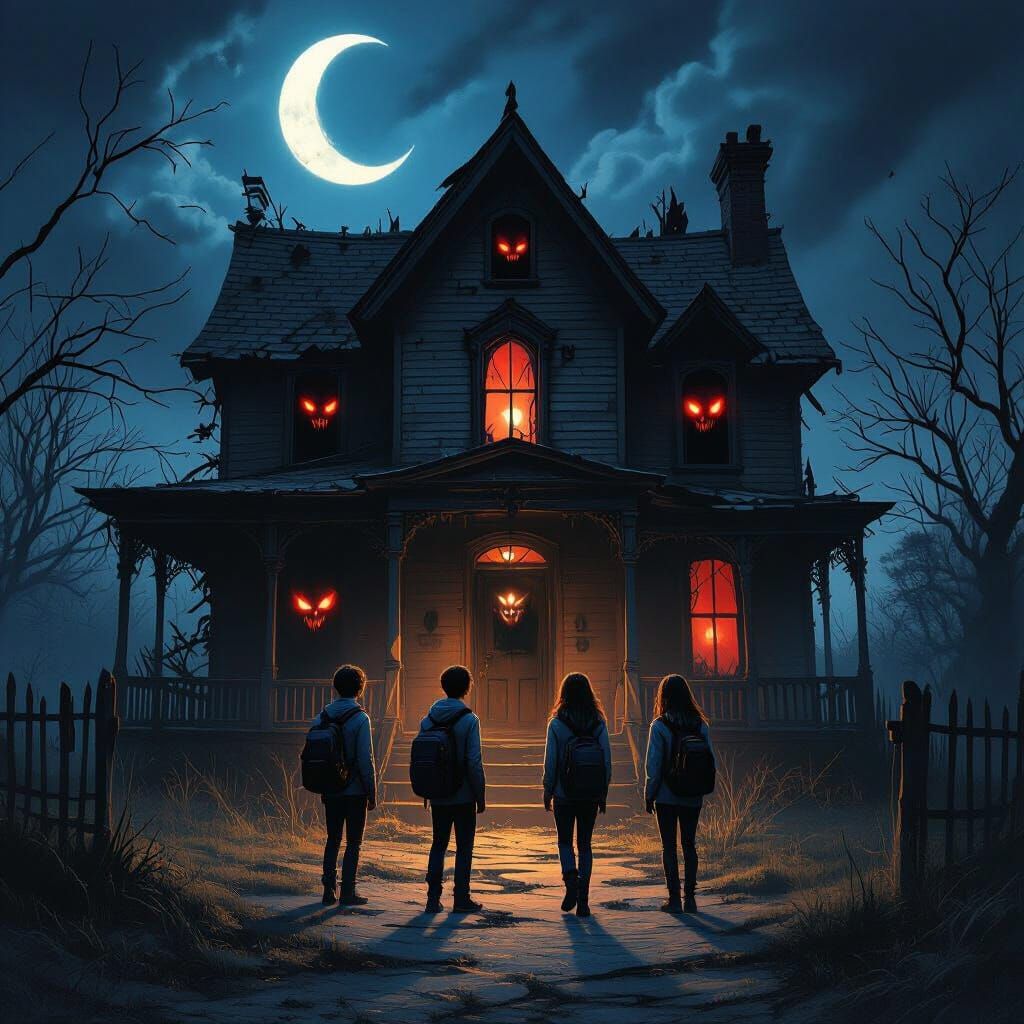 Teenagers Approach Spooky House with Demonic Figures