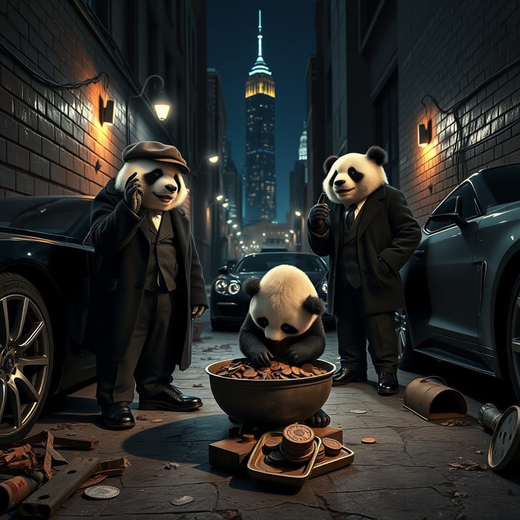 Confident Baby Pandas in Luxury Amidst Grimy Alley