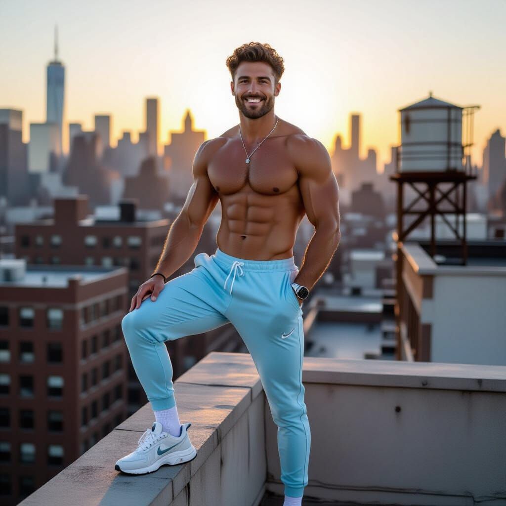 Athletic Man on Rooftop in Photorealistic Style