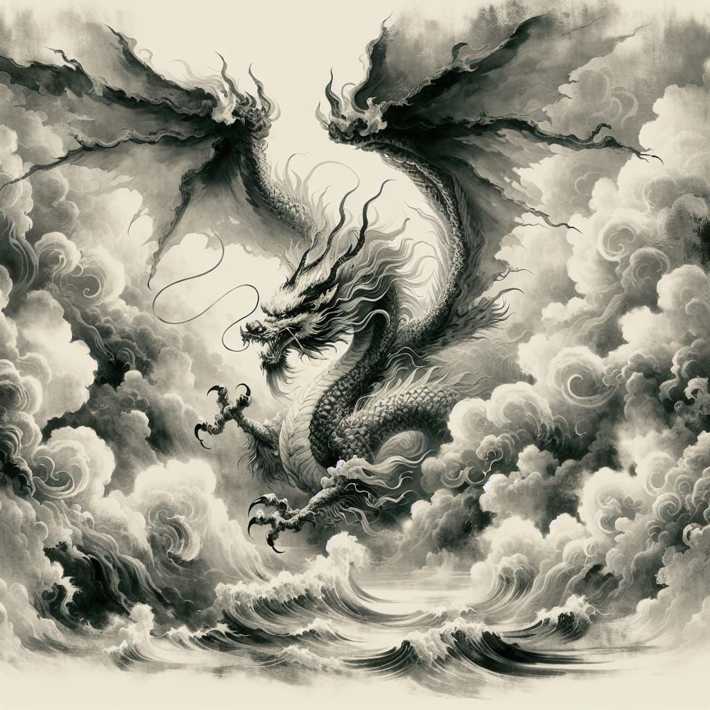 Fearsome Dragon in Classical Chinese Ink Painting