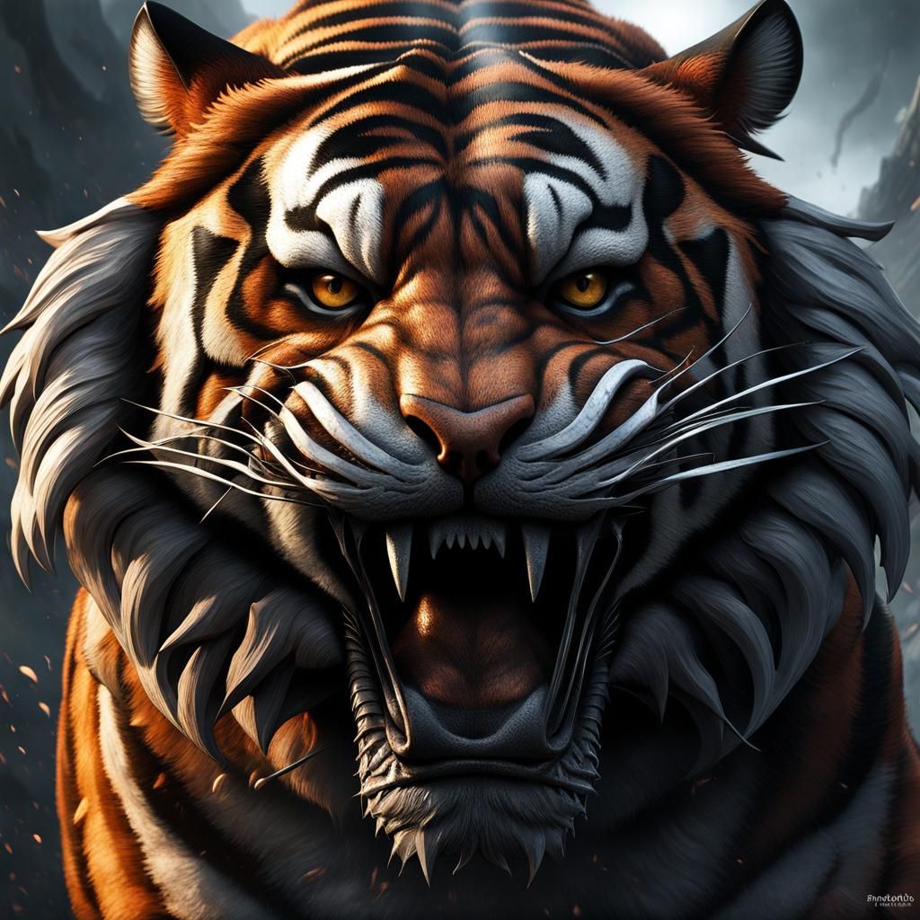 Enraged Dire Tiger with Dark Magic, Digital Art