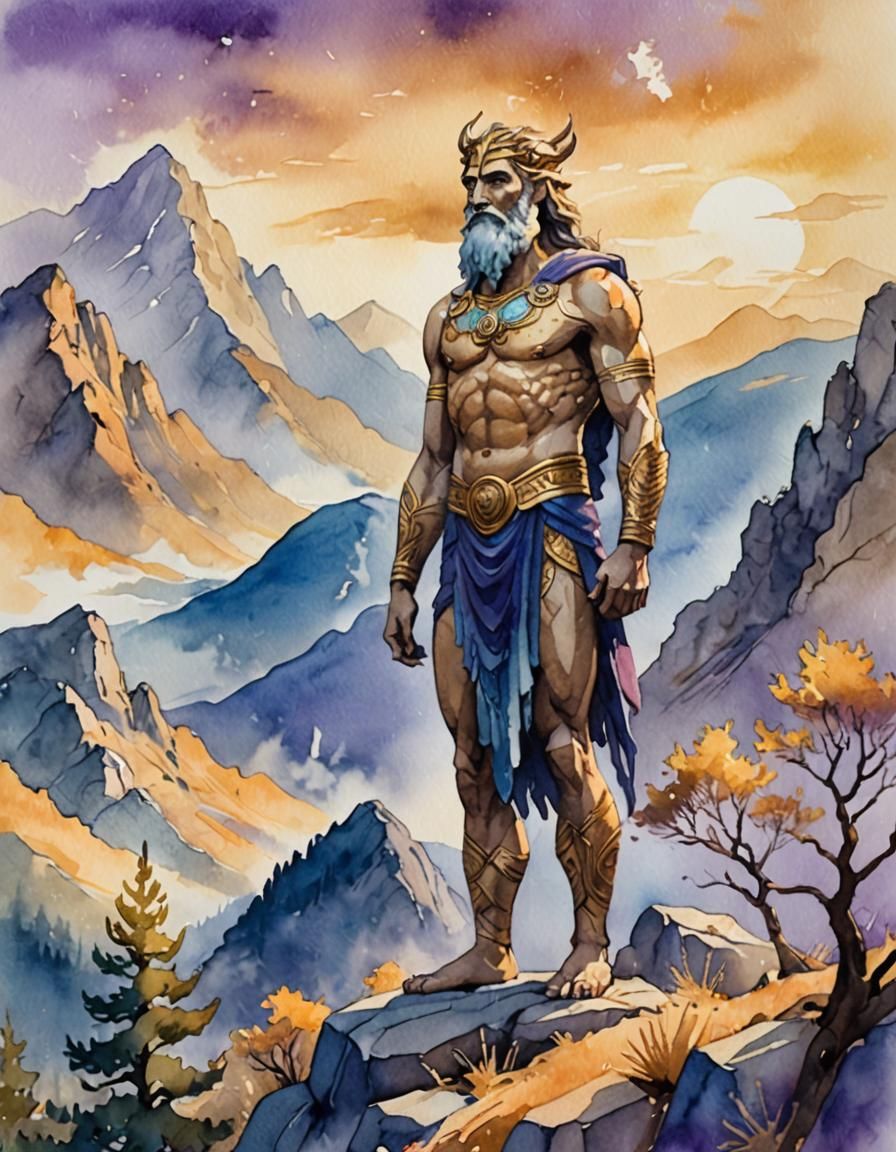 Ourea: Primordial Mountain God in Watercolor Illustration
