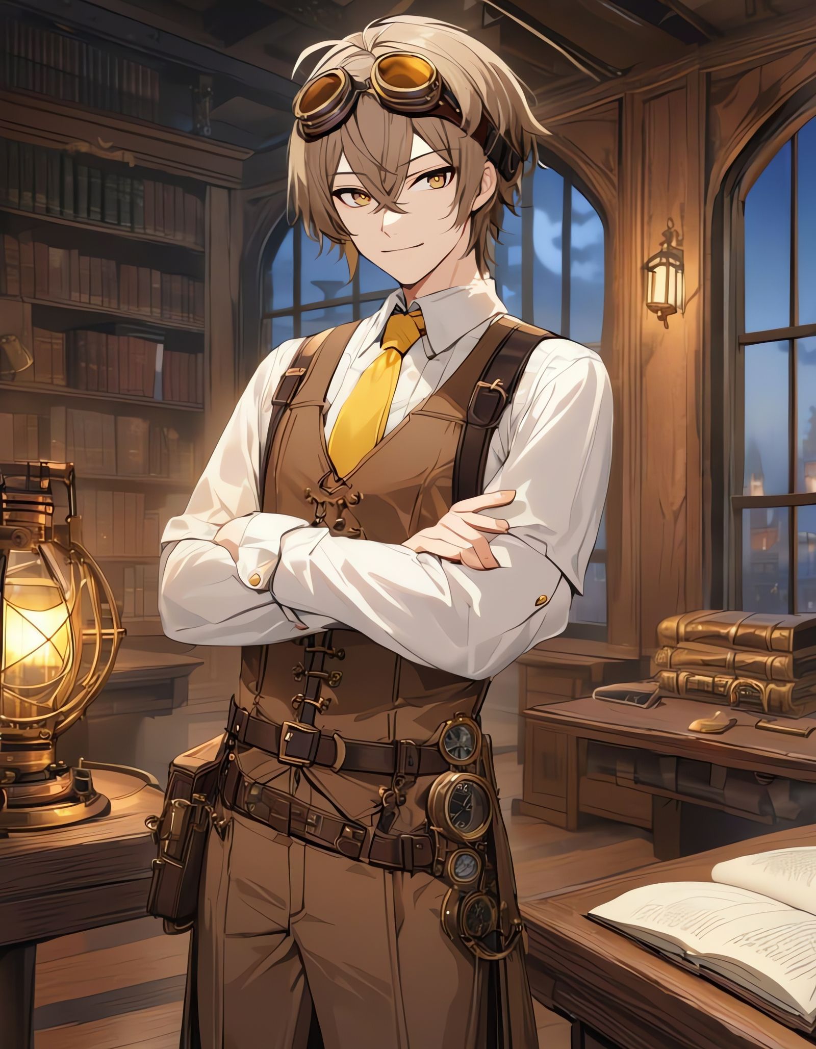 Steampunk Gentleman Leans on Desk, Eyes Shining with a Hint ...