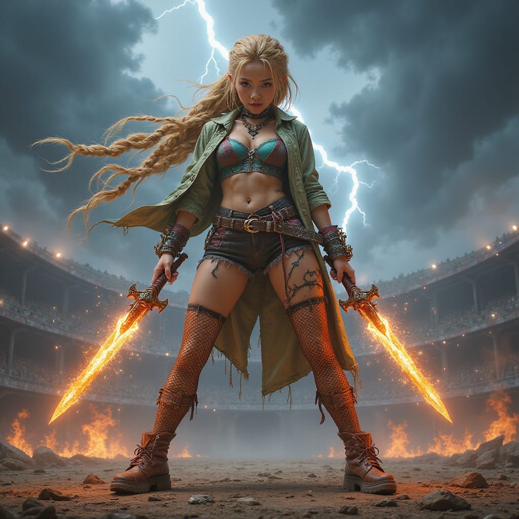 Fierce Asian Elf Warrior in Bubblegum Punk Attire