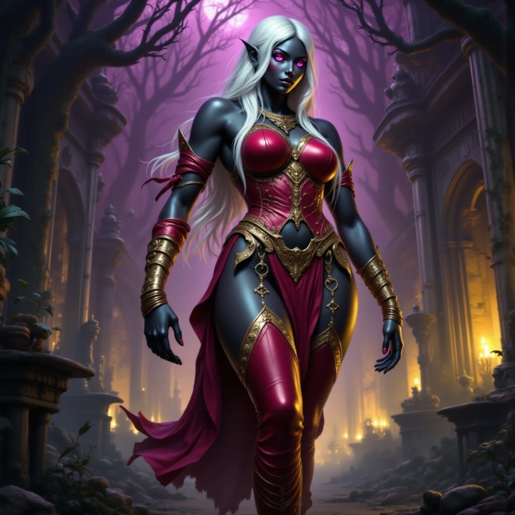 Giant Drow Elf in Ancient Evil City, Dark Fantasy Art