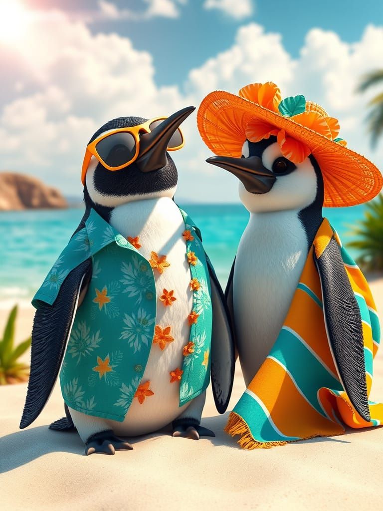 Tropical Beach Penguins Relax in Style
